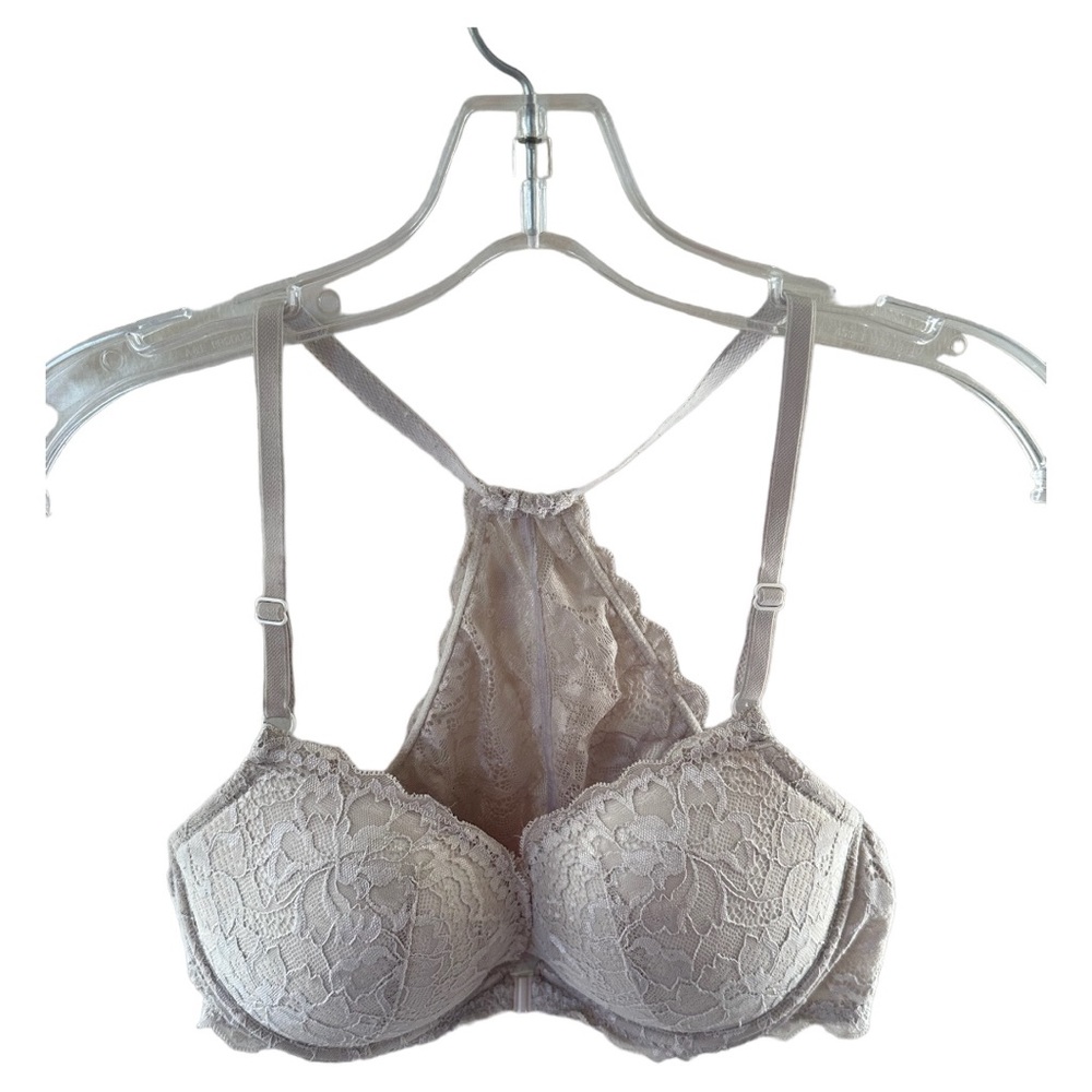 Pink Victoria ‘s secret ivory lace racer back push up bra size 34D